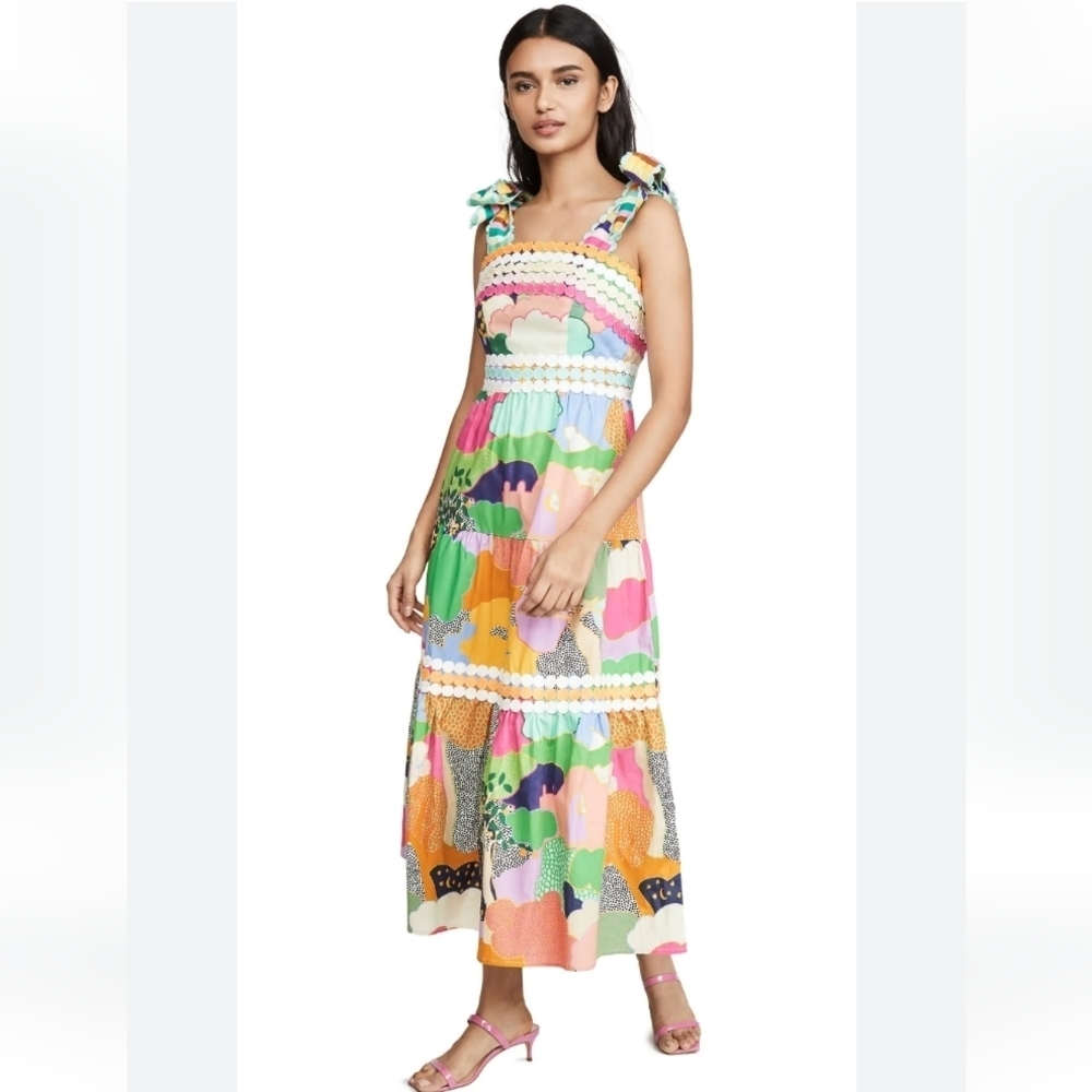New W/out Tags CeliaB Phuket Midi Dress Size Xs Multicolor Scalloped Tie Straps
